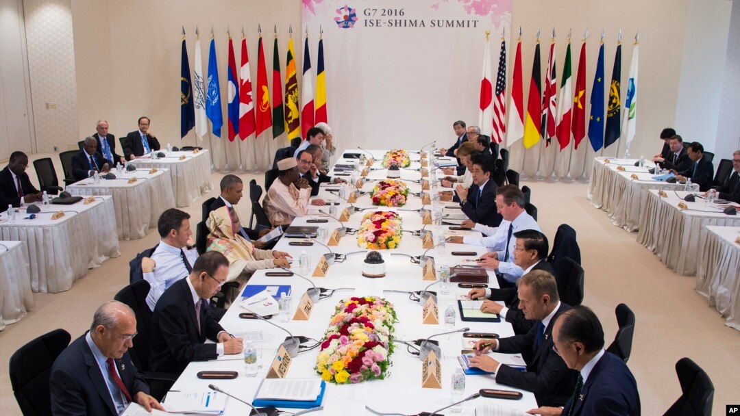 Leaders attend the the first Outreach Session during the final day of the Group of Seven summit meetings in Ise, Japan, Friday, May 27, 2016.