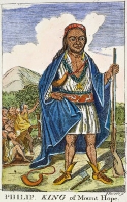 "Philip, King of Mount Hope", from Benjamin Church's "The Entertaining History of King Philip's War," line engraving, colored by hand, by American engraver and silversmith Paul Revere.