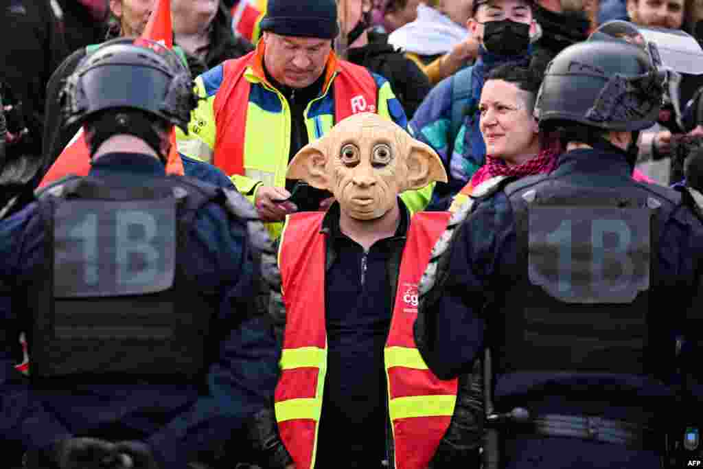 A protester wearing a mask of Dobby, the house-elf character from Harry Potter, stands in front of French gendarmes during a demonstration against the visit of the French president in Savines-le-Lac, French Alps, to present his plan to save water.