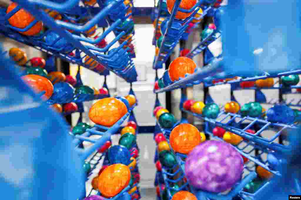 Freshly dyed eggs lie on a conveyor belt at the Beham colored eggs company in Ursberg near Augsburg, Germany.