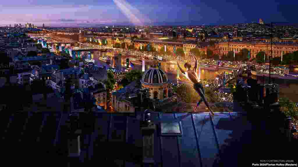 A visualization of an artist's performance during the Opening Ceremony of the Paris 2024 Games is seen in this handout provided by Paris 2024, Franc.