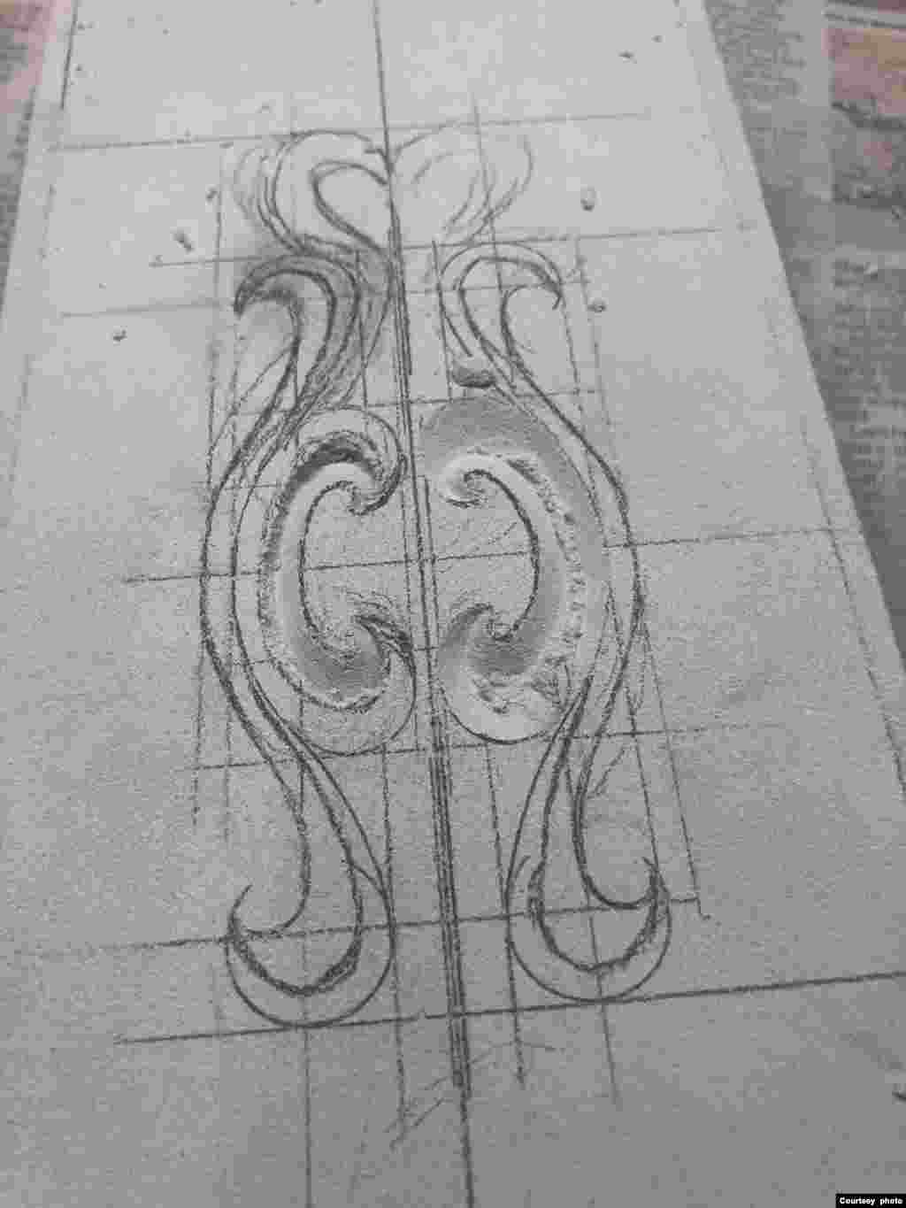 The artist draws a design onto a block of tufa, a porous volcanic stone found in New Mexico and Arizona. This and the following photos, courtesy Perry Null Trading Company, Gallup, N.M.