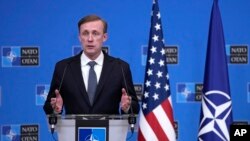 제이크 설리번 백악관 국가안보보좌관이 지난 7일 벨기에 브뤼셀 북대서양조약기구(NATO∙나토) 본부에서 기자회견하고 있다. (자료사진)