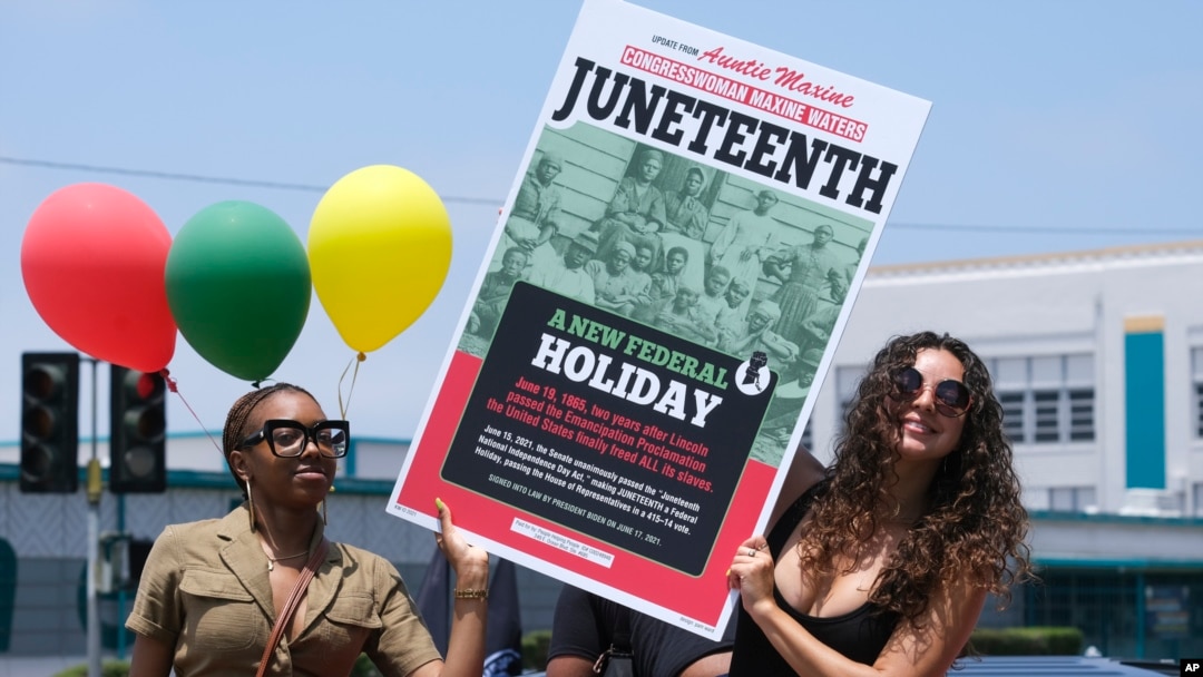 FILE: People celebrate Juneteenth, June 19, 2021, in Inglewood, Calif. Communities all over the country will be marking Juneteenth, the day that enslaved Black Americans learned they were free.