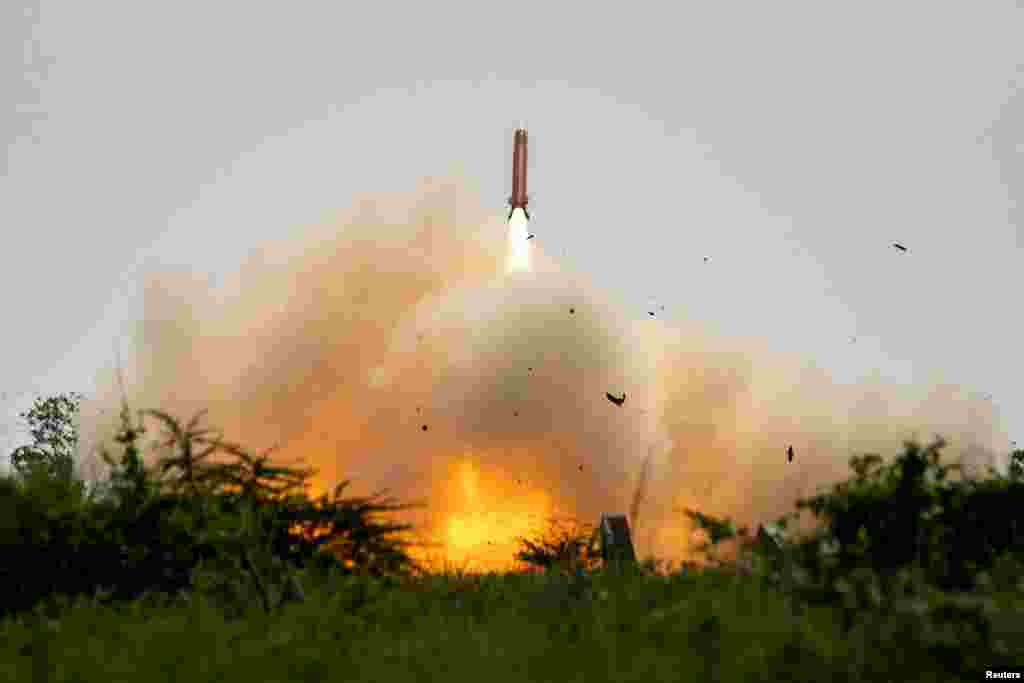 A Patriot air missile system is fired during a live fire exercise in the annual joint military exercises between U.S. and Philippine troops called "Balikatan" or shoulder-to-shoulder, at a naval base in San Antonio, Zambales province, Philippines, April 25, 2023.