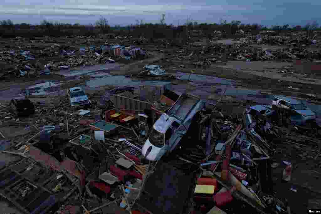 A pickup truck sits on top of the wreckage of Chuck's Dairy Cafe after thunderstorms spawning high straight-line winds and tornadoes ripped across the state in Rolling Fork, Mississippi, U.S.