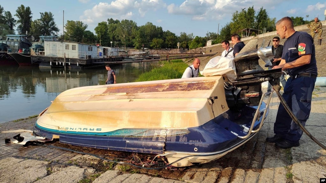 This photo provided by BRFK Facebook shows a damaged boat at the northern edge of Budapest where it was towed, after being discovered in the water by police following a boat collision on the Danube River, in Hungary, May 19, 2024. 