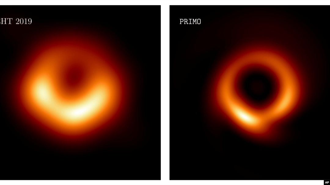 This combination of images provided by researcher Lia Medeiros shows images of the M87 black hole released in 2019, left, and an updated one for 2023. (Lia Medeiros via AP)