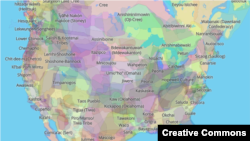 Screenshot detail of interactive map from Native Land Digital showing traditional homelands of Native tribes and nations.