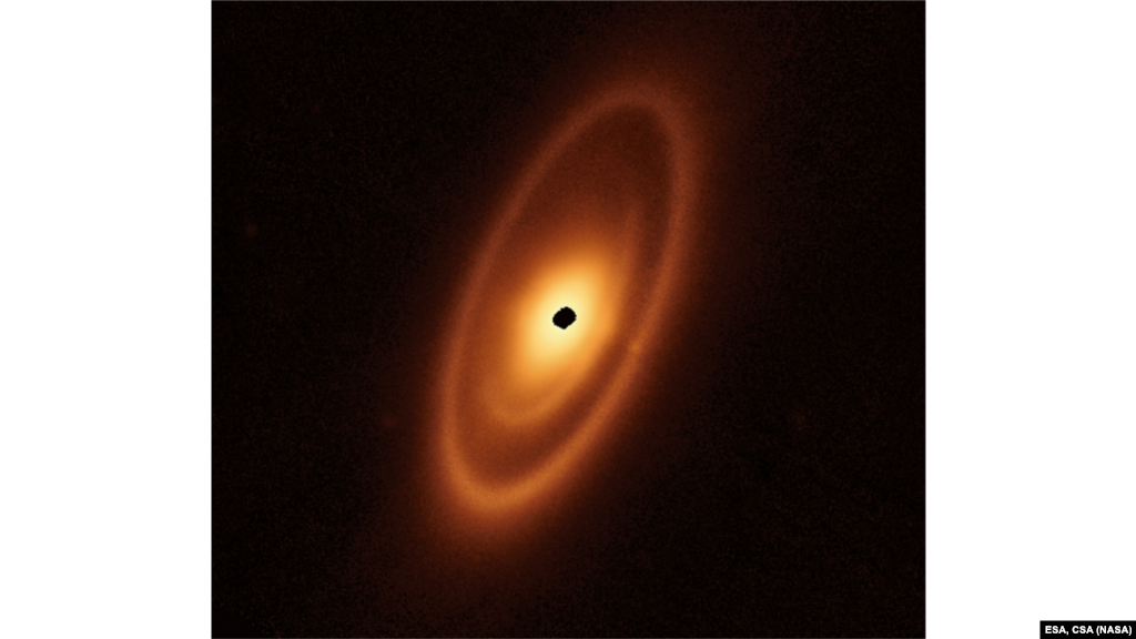 This image of the dusty debris disk surrounding the young star Fomalhaut is from Webb’s Mid-Infrared Instrument. It reveals three nested belts extending out to 23 billion kilometers from the star. The inner belts – which had never been seen before – were revealed by Webb for the first time.