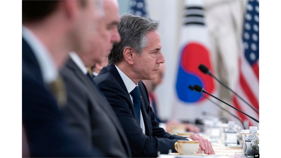 토니 블링컨 미국 국무장관이 28일 워싱턴 국무부 청사에서 열린 미한 외교장관 회담에 참석했다.
