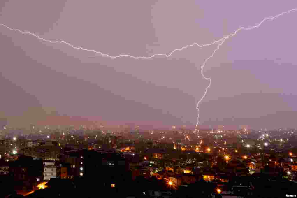 Lightning flashes over Tirana, Albania, April 24, 2023.
