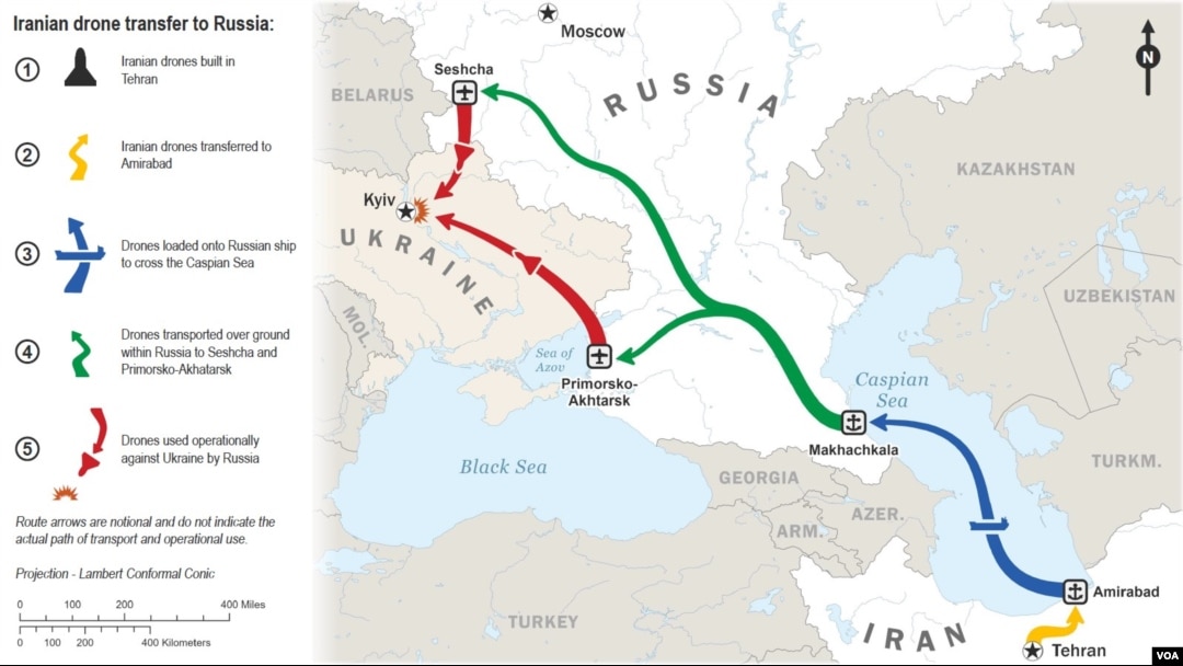 Delivery Route: Iranian drone transfer to Russia:
