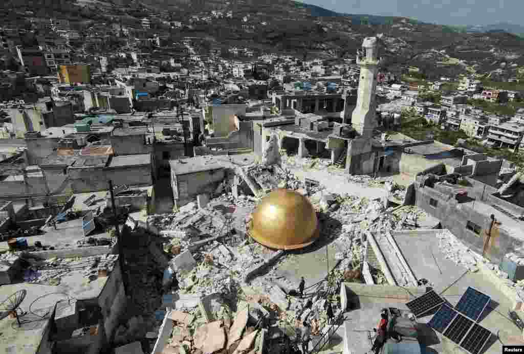 A damaged mosque is seen in the aftermath of a deadly earthquake, in rebel-held al-Maland village, in Idlib province, Syria.
