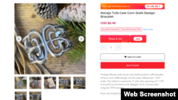 Screenshot of listing on a fraudulent t e-commerce site offering a bracelet that was made in the 1970s by Navajo artist Eugene Mitchell.