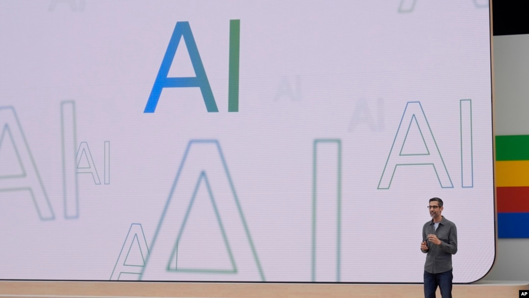 Alphabet CEO Sundar Pichai speaks at a Google I/O event in Mountain View, Calif., May 14, 2024. 