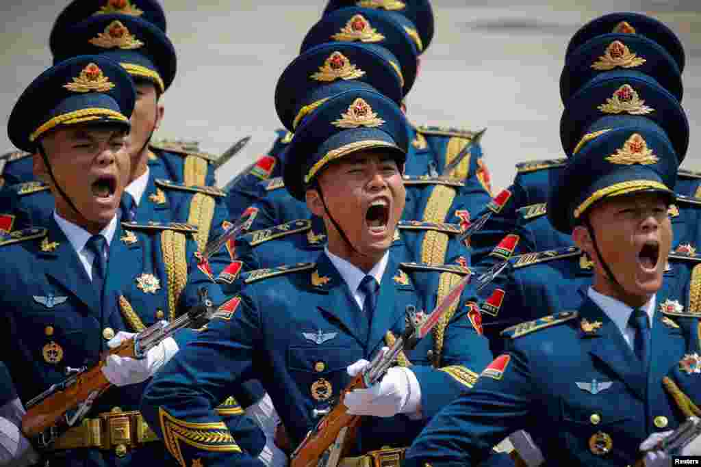 Chinese honor guards march in formation during a welcoming ceremony for Russian Prime Minister Mikhail Mishustin in Beijing, China.