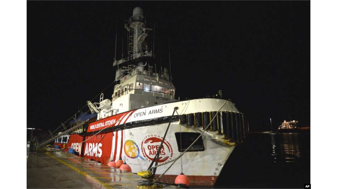 The ship belonging to the Open Arms aid group is seen docked as it prepares to ferry some 200 tons of rice and flour directly to Gaza, at Larnaca harbor, Cyprus, on March 8, 2024.