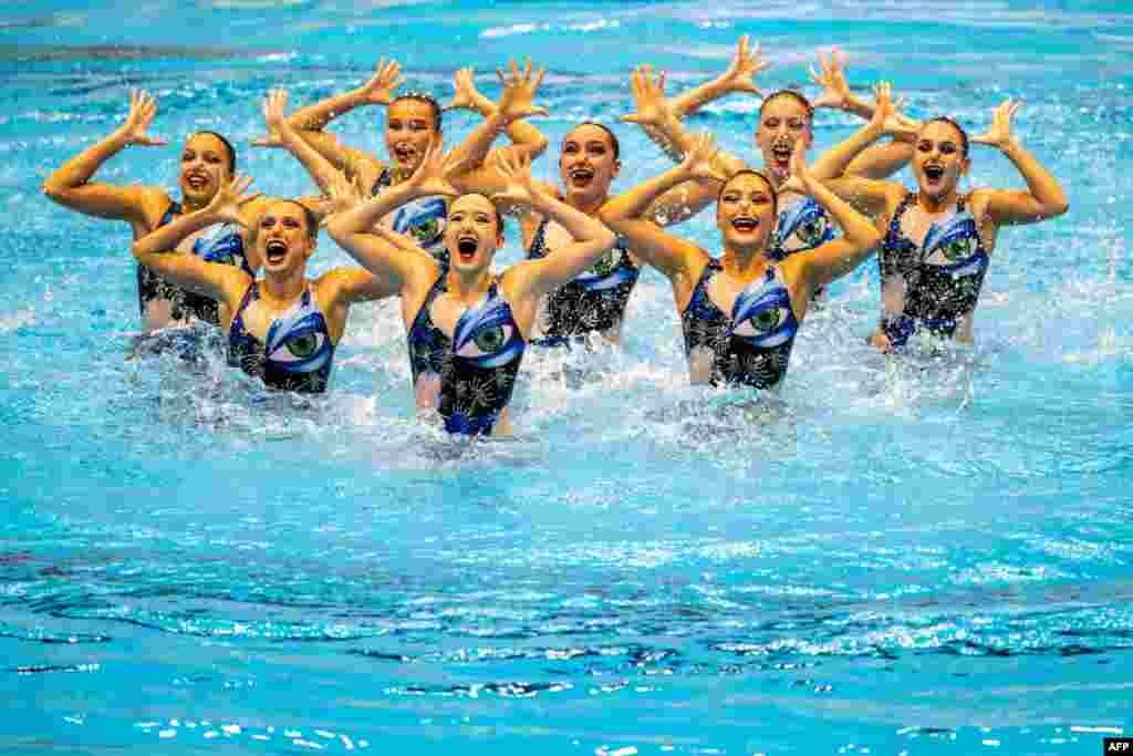Team Australia competes in the preliminary of the Team free artistic swimming event during the World Aquatics Championships in Fukuoka, Japan.