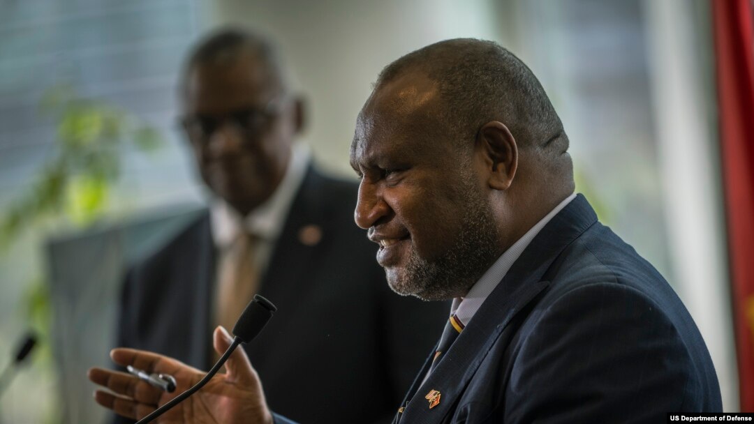 Secretary of Defense Lloyd J. Austin III and Papua New Guinea Prime Minister James Marape address the media during a press confefence in Port Moresby, Papua New Guinea, July 27, 2023.