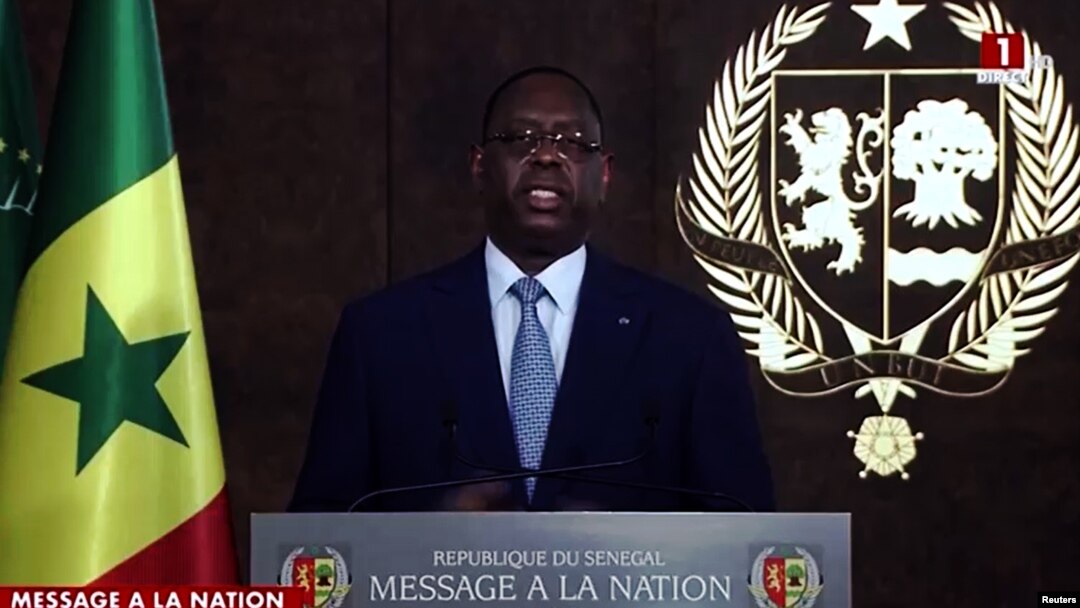 In a screengrab from video, Senagalese President Macky Sall is seen addressing the nation, as he announces that he will not seek a third term, in Dakar, Senegal, June 3, 2023. (Radio Television Senegalaise via Reuters)