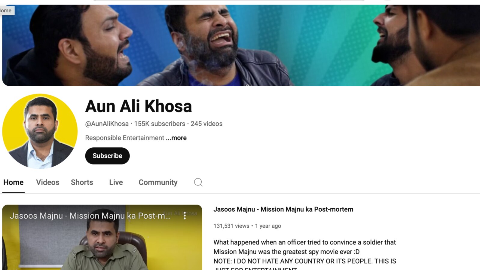A screenshot of Aun Ali Khosa's YouTube home page.