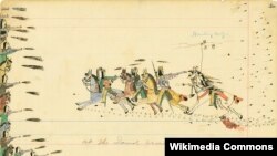 Eyewitness drawing of the Sand Creek Massacre by Southern Cheyenne warrior and ledger artist and massacre survivor Howling Wolf, ca 1875.