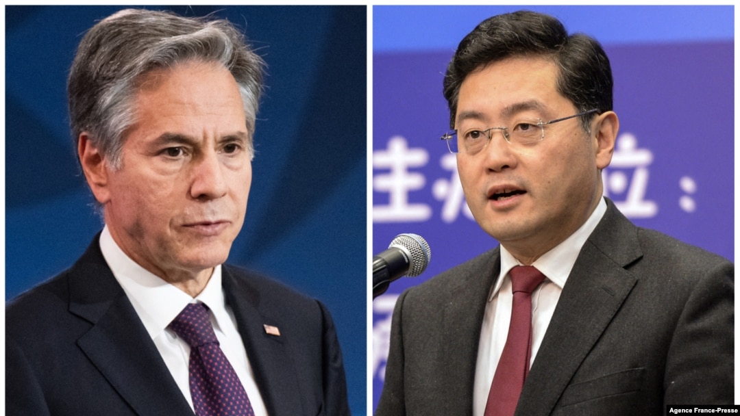 FILE - This combination photo shows U.S. Secretary of State Antony Blinken in Washington, Dec. 15, 2022, and then-director of the Foreign Ministry Information Department of China Qin Gang, now foreign minister, in Beijing, Dec. 25, 2013.