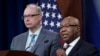 Dr. John F. Huth, left, DIA Defense Intelligence Officer for Space and Counterspace and Kevin Ryder, DIA Senior Defense Intelligence Analyst for Space and Counterspace, participate in a briefing at the Pentagon in Washington, Tuesday, April 12, 2022.