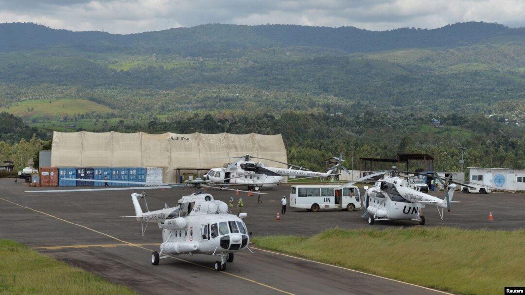 FILE - Helicopters serving in the United Nations Organization Stabilization Mission in the Democratic Republic of the Congo (MONUSCO), are seen at an airport the town of Bukavu, DRC, Oct. 23, 2018.