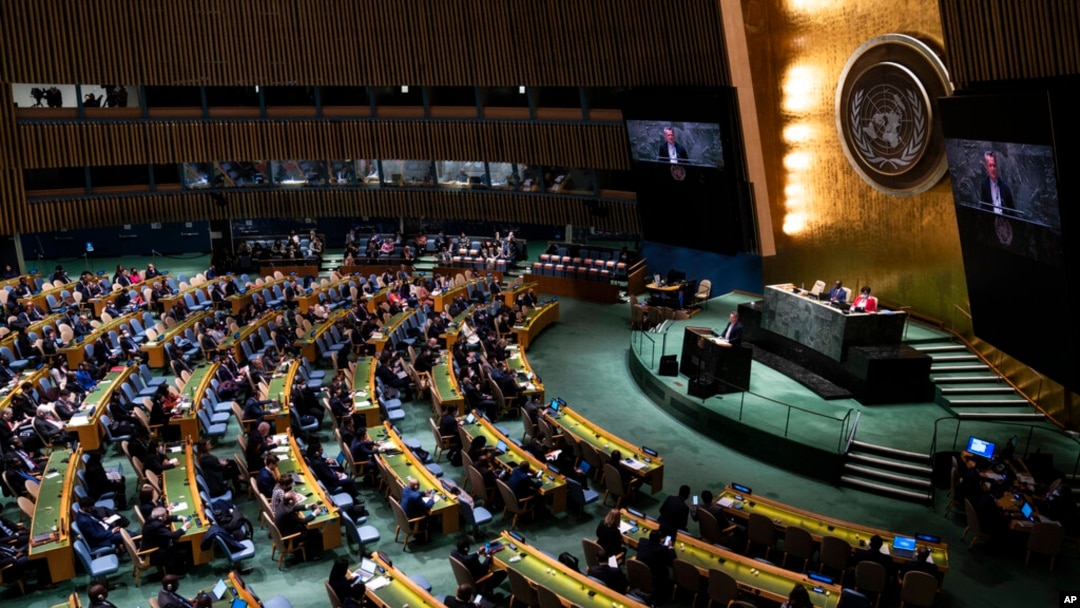 The U.N. General Assembly is pictured April 7, 2022, at U.N. headquarters. The assembly voted to suspend Russia from the organization's leading human rights body over allegations that Russian soldiers killed civilians while retreating from the region arou