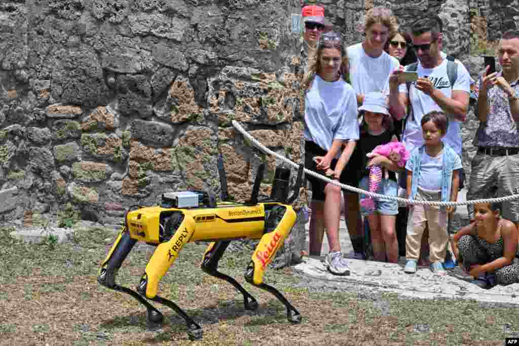 Visitors view "Spot," a quadruped robot developed by Boston Robotics, as it is displayed, during a presentation to the media at the Archaeological Park of Pompeii, near Naples, southern Italy.