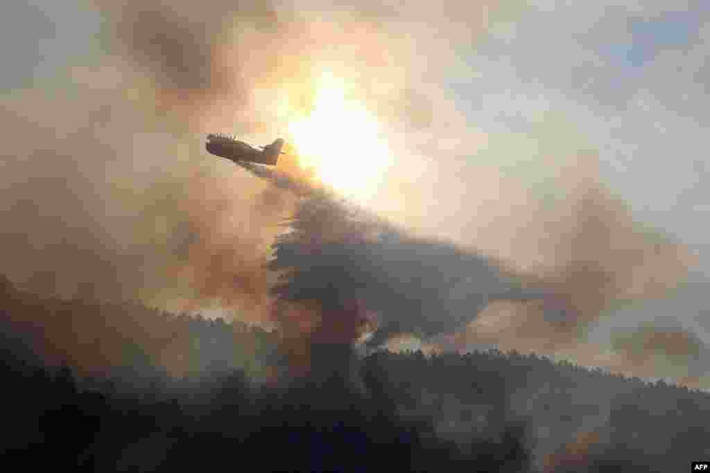A canadair bomber plane drops water onto a blaze along the l'Arone Pass in the Bavella mountains (Bavella Needles) in Quenza on the French Mediterranean Island of Corsica, after strong winds from storm Ciara caused wildfires to spread on the island.