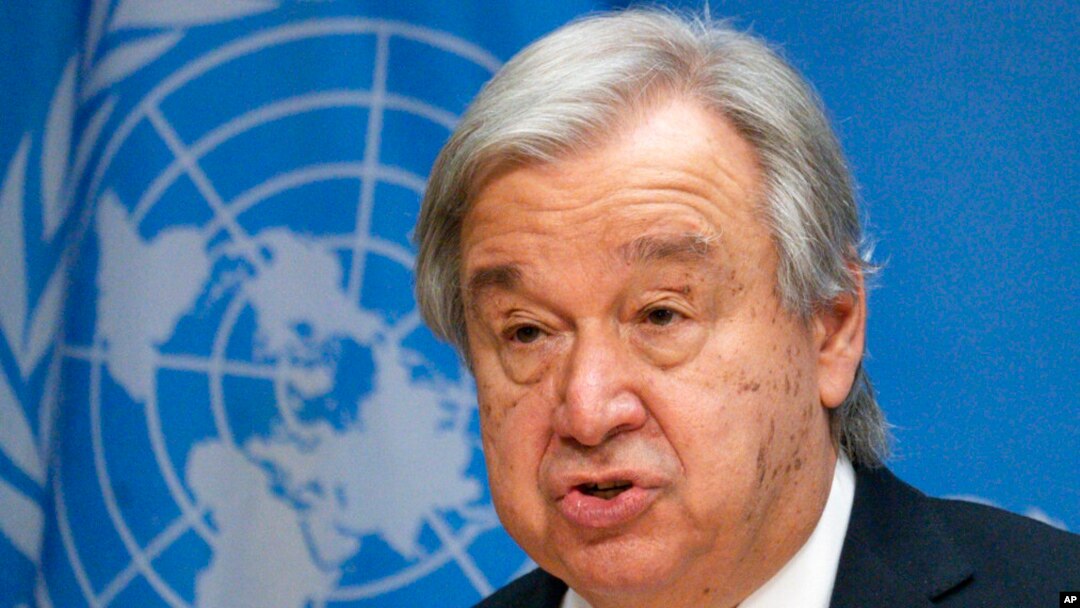 FILE -- U.N. Secretary-General Antonio Guterres addresses reporters during a news conference in New York, June 8, 2022. He has warned that the world faces "catastrophe" because of a growing shortage of food.