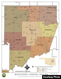 This map, courtesy of the Muscogee (Creek) Nation, shows counties over which it has tribal jurisdiction.