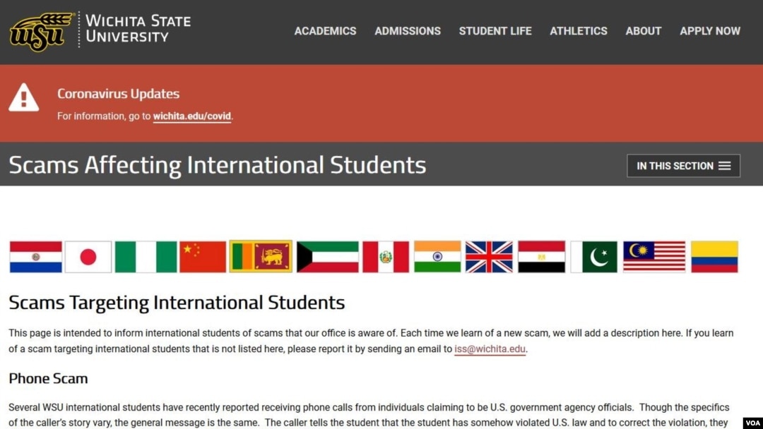 Wichita State University has set up a page to inform international students of scams that its office is aware of, Oct. 22, 2020. (Courtesy Wichita State University website) 