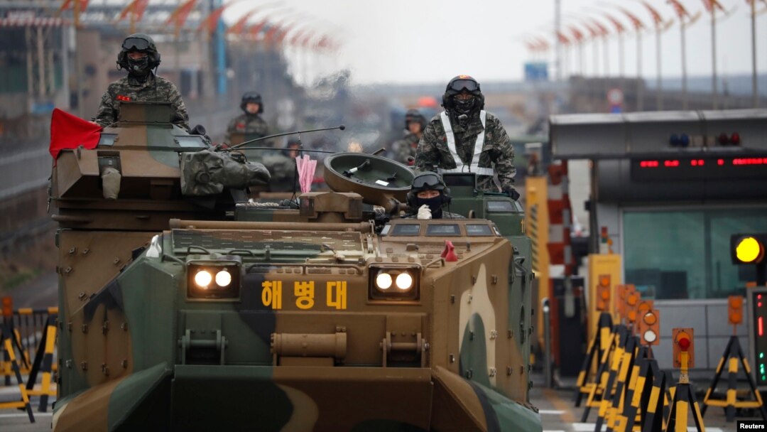 Amphibious assault vehicles of the South Korean Marine Corps travel during a military exercise as a part of the annual joint military training called Foal Eagle between South Korea and the U.S. in Pohang, South Korea, April 5, 2018.