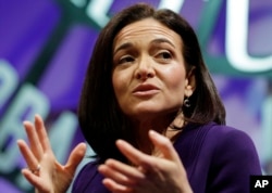FILE - Facebook Chief Operating Officer Sheryl Sandberg speaks during a forum in San Francisco, Nov. 3, 2015.