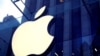 he Apple Inc. logo is seen hanging at the entrance to the Apple store on 5th Avenue