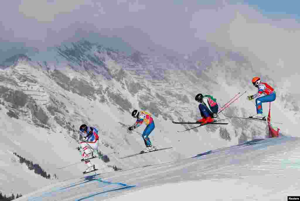 (L to R) Austrlia's Marcus Plank, Russia's Artem Bazhin, Sweden's Erik Wahlberg and Russia's Andrei Gorbachev compete in the final of the Freestyle Skiing Men's Ski Cross at Villars Winter Park during the Winter Youth Olympic Games near Lausanne, Switzerland. (Credit: Simon Bruty/OIS Handout Photo via USA TODAY Sports)