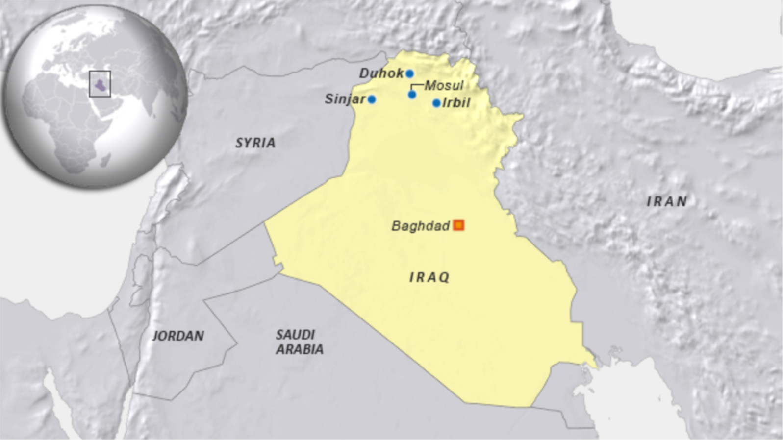 A map showing Duhok and other cities in Iraq.