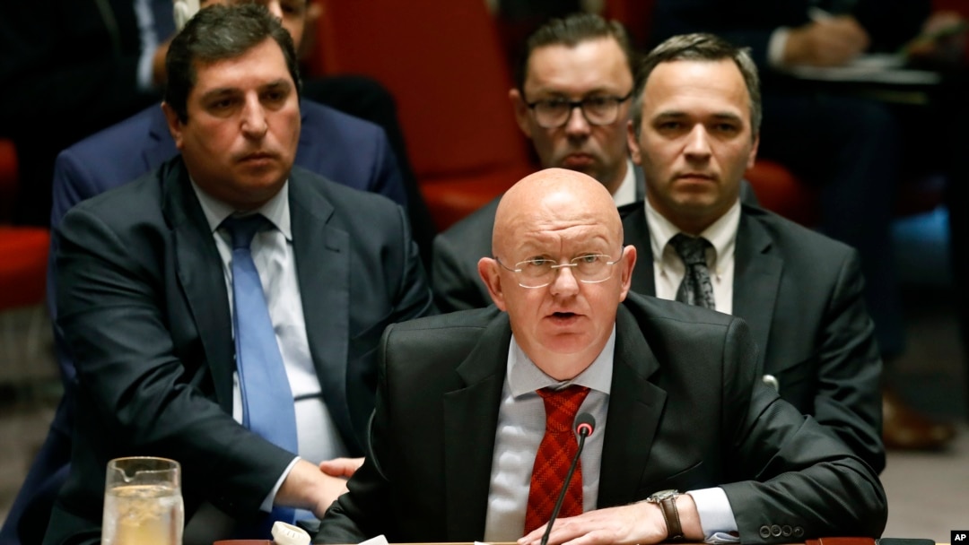 FILE - Russia's U.N. Ambassador Vassily Nebenzia addresses the United Nations Security Council, at U.N. headquarters, Monday, Sept. 17, 2018.