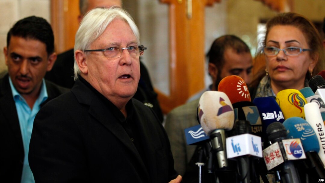 The United Nations Special Envoy to Yemen Martin Griffiths speaks to the press upon his arrival at Sanaa international airport in Yemen, March 24, 2018.