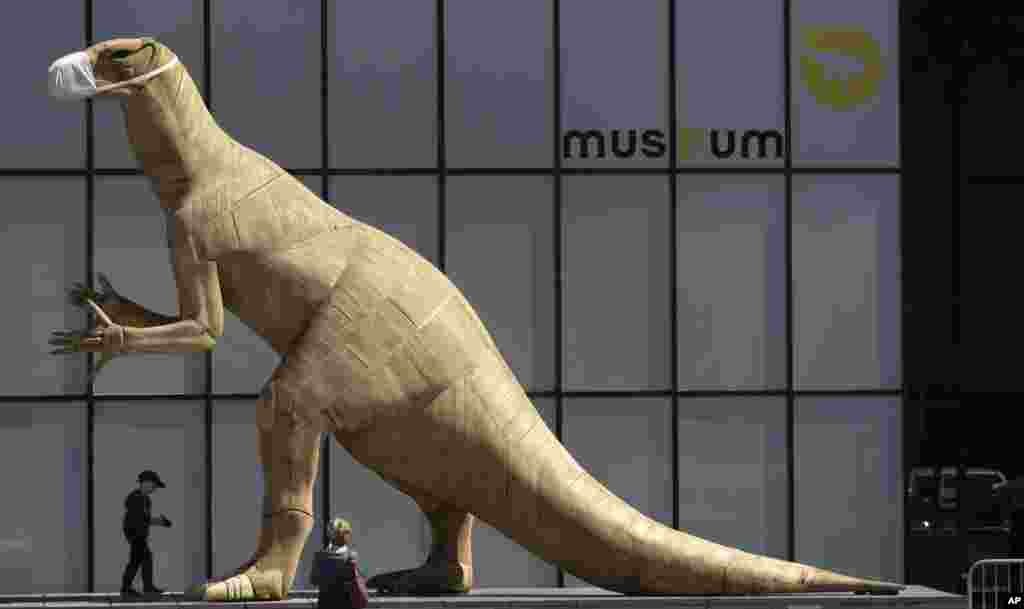 A boy walks by a dinosaur model wearing a face mask, during a partial lockdown to prevent the spread of the coronavirus, at the Museum of Natural History in Brussels, Belgium.