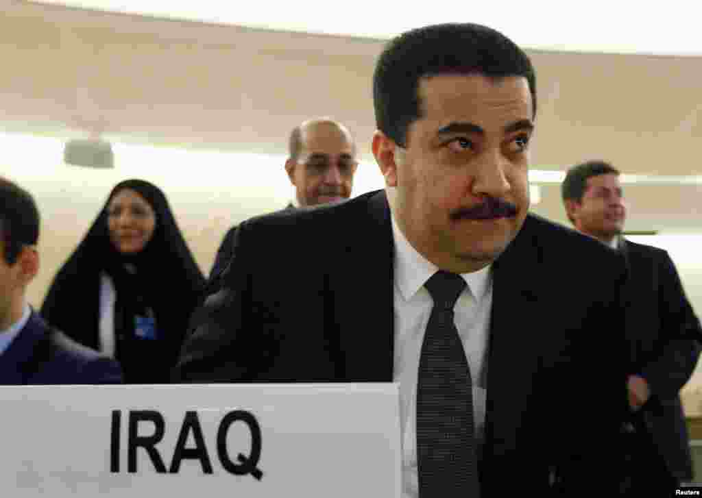 Iraq's Human Rights Minister Mohammed Shia al-Sudani arrives for a special session of the Human Rights Council on Iraq at the United Nations Europeans headquarters in Geneva, Sept. 1, 2014.