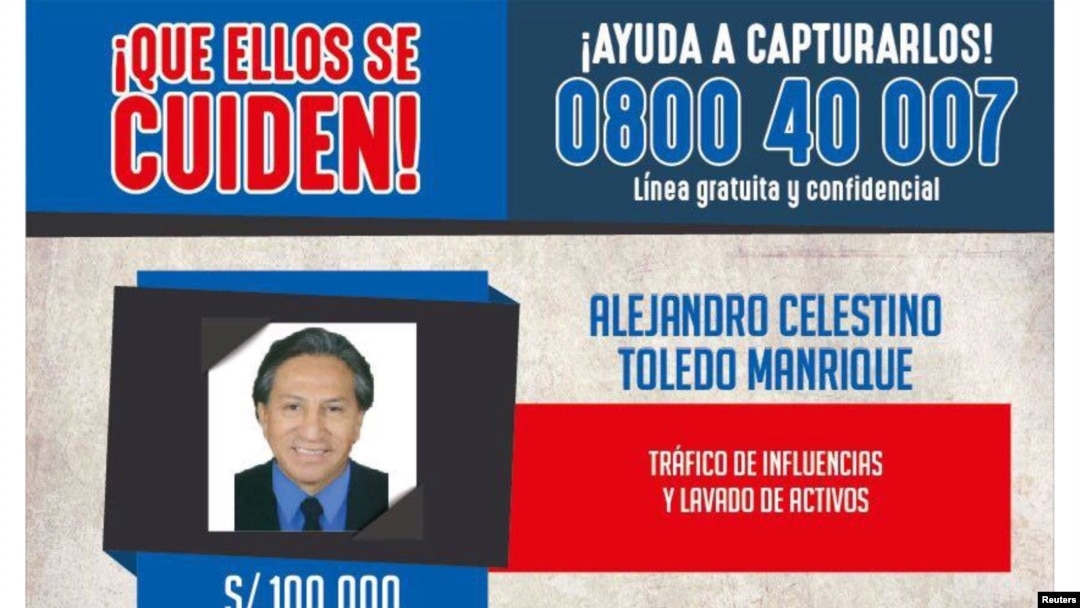 An international arrest warrant issued by Peru's Interior Ministry, offering 100,000 Peruvian soles ($31,000) for information on the whereabouts of former president Alejandro Toledo, is seen in Lima, Peru. (Peruvian Police/Handout)