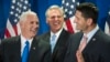 Republican vice presidential candidate Mike Pence, left, House Majority Leader Kevin McCarthy of California, center, and House Speaker Paul Ryan of Wisconsin laugh during a news conference following a meeting on Capitol Hill in Washington, Sept. 13, 2016.