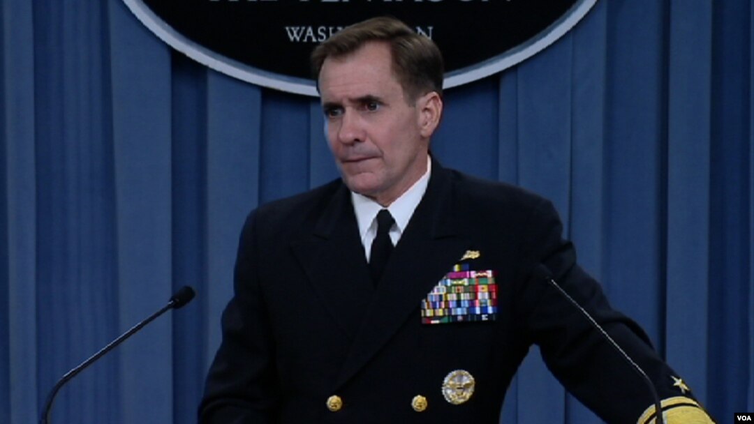 FILE- Pentagon spokesman Rear Admiral John Kirby speaks at a news briefing about the situation in Iraq, at the Pentagon, June 13, 2014.