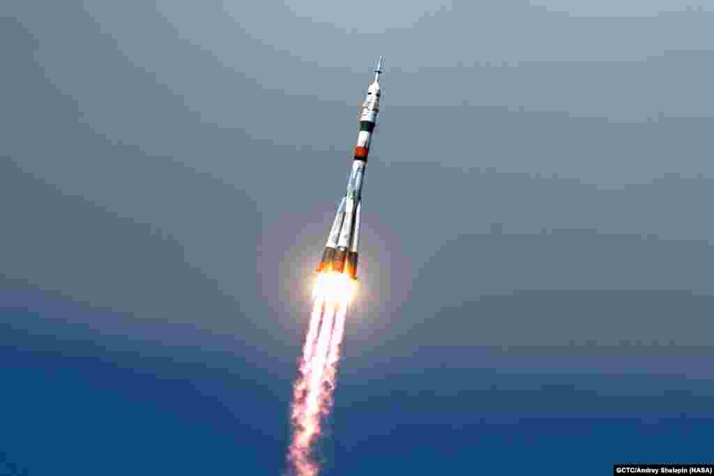 The Soyuz MS-16 lifts off from Site 31 at the Baikonur Cosmodrome in Kazakhstan, sending Expedition 63 crew members Chris Cassidy of NASA and Anatoly Ivanishin and Ivan Vagner of Roscosmos into orbit for a six-hour flight to the International Space Station.