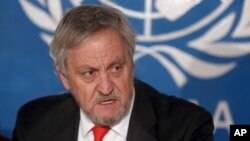 Then the top U.N. envoy in Afghanistan, Nicholas Haysom speaks during a press conference in Kabul, Feb. 18, 2015. 